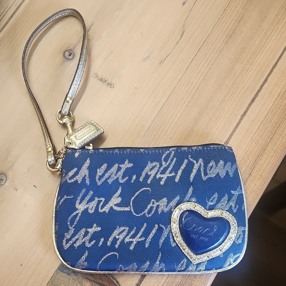 Coach Blue and Gold Wristlet with Heart Accent